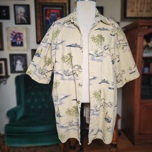 Puritan Mens Hawaiian Shirt XL Beige Palm Tree Boat Short Sleeve Beach Aloha